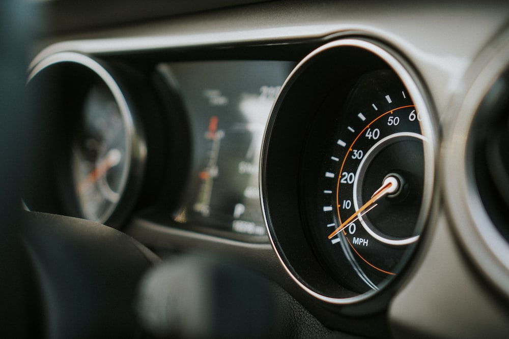 Close-up of a vehicle’s gauge cluster.